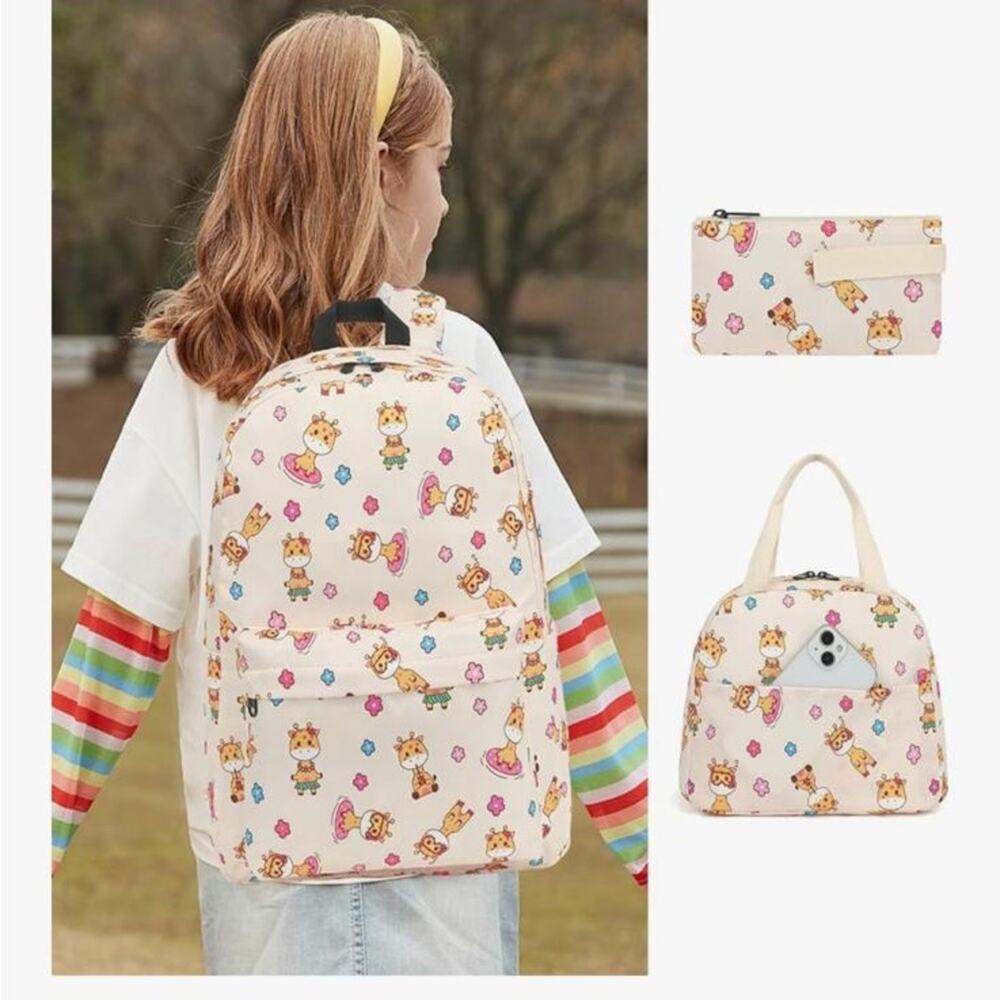NWOT Giraffe School Backpack Girls, 3Pcs Waterproof Lunch bag pencil case - Picture 6 of 13